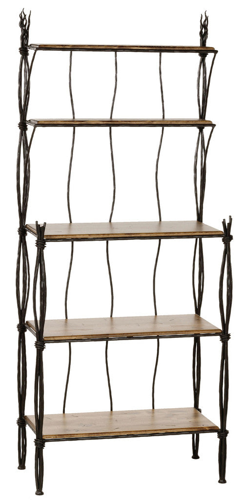Stone County Ironworks Rush 30" 5-Tier Hand Rubbed Brass Iron Baker's Rack With Copper Iron Accent and Clear Oak Wood Finish Top