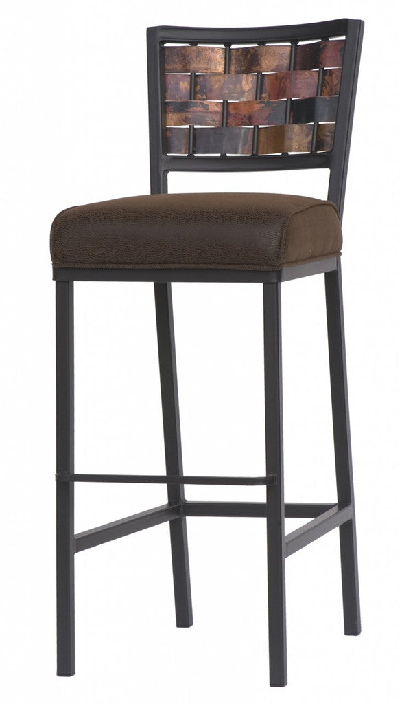 Stone County Ironworks Rushton 30" Satin Black Square Iron Bar Stool With Copper Iron Accent and Black Leather Upholstery