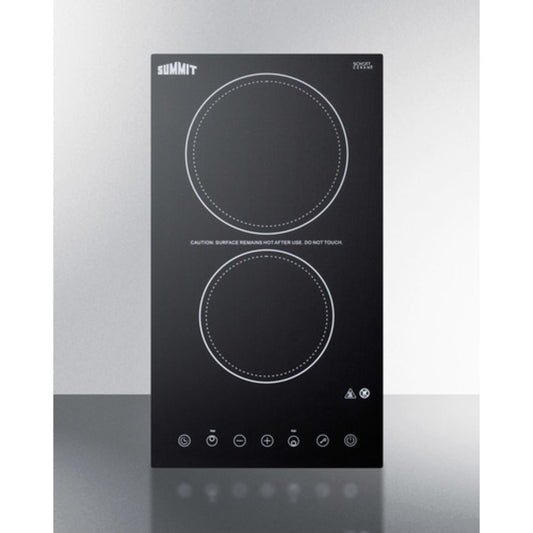 Summit Appliance 12" 220-240V Black Glass Finish 2-Burner Radiant Cooktop with Digital Touch Control