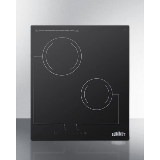 Summit Appliance 18" 220V Black Glass Finish 2-Burner Radiant Cooktop with Digital Touch Control