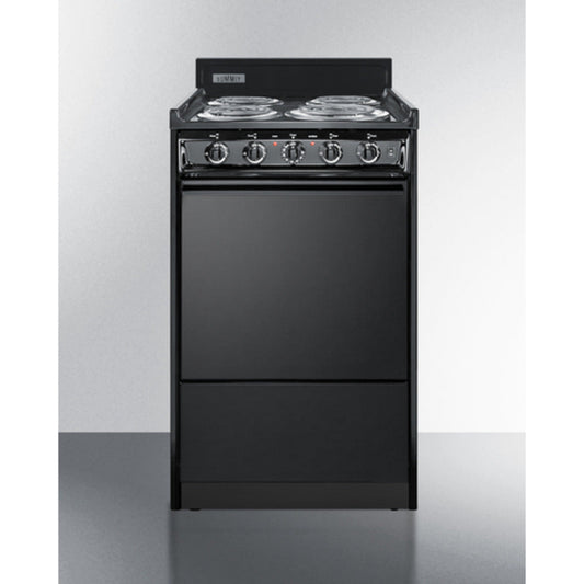 Summit Appliance 20" 220V Black Finish 4-Burner Electric Coil Range with 4" Backguard