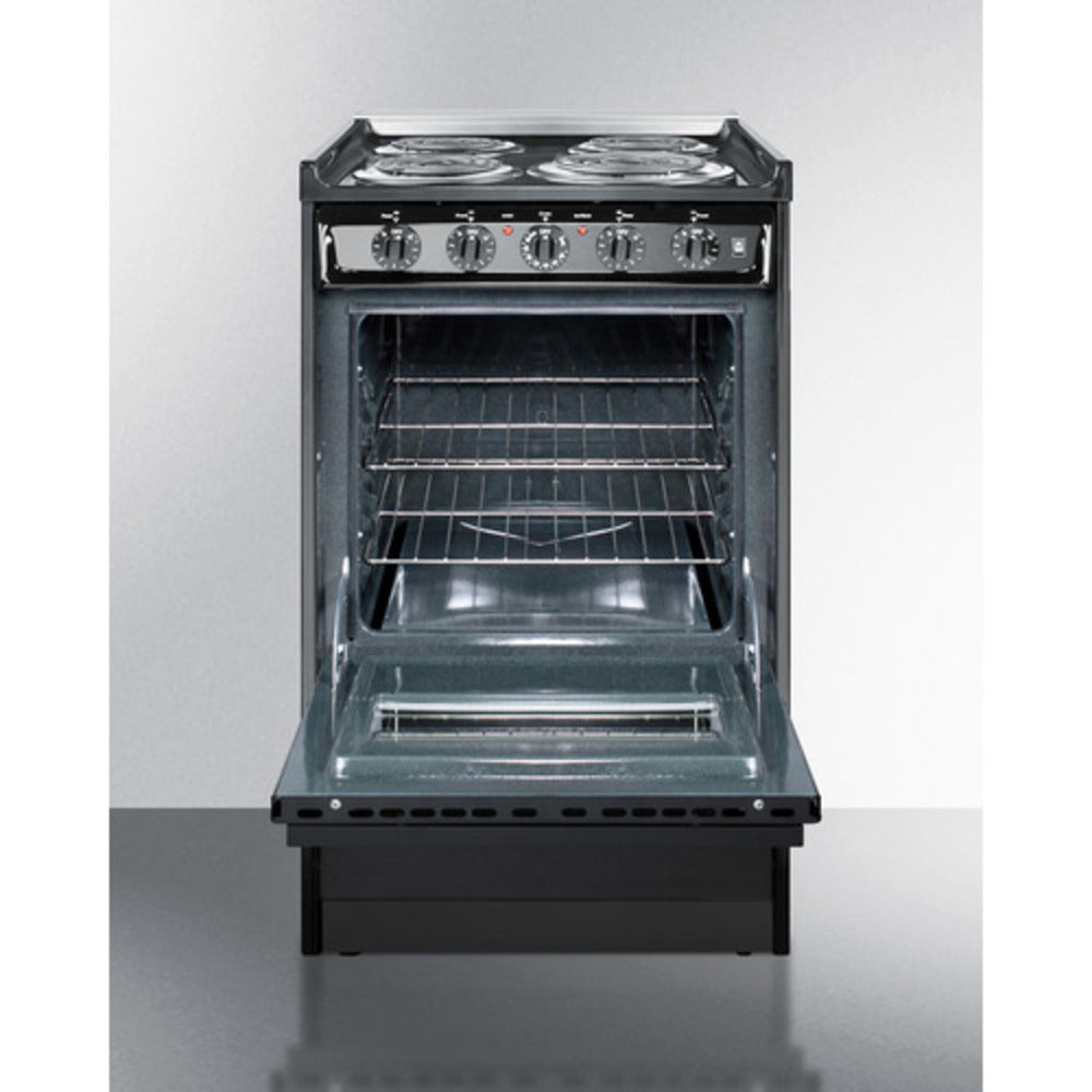 Summit Appliance 20" 220V Black Finish 4-Burner Electric Coil Range with Oven Door Window