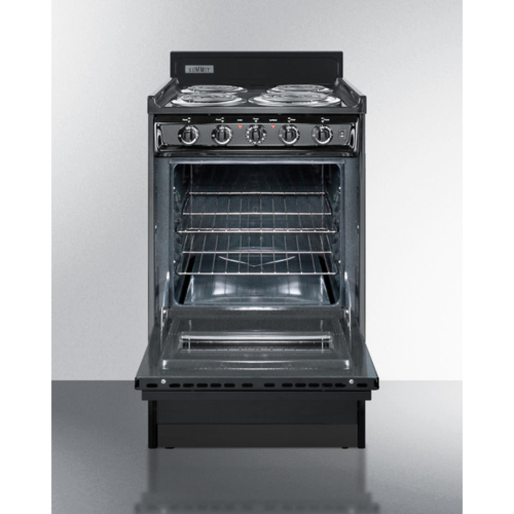 Summit Appliance 20" 220V Black Finish 4-Burner Electric Coil Range with Oven Door Window and 4" Backguard