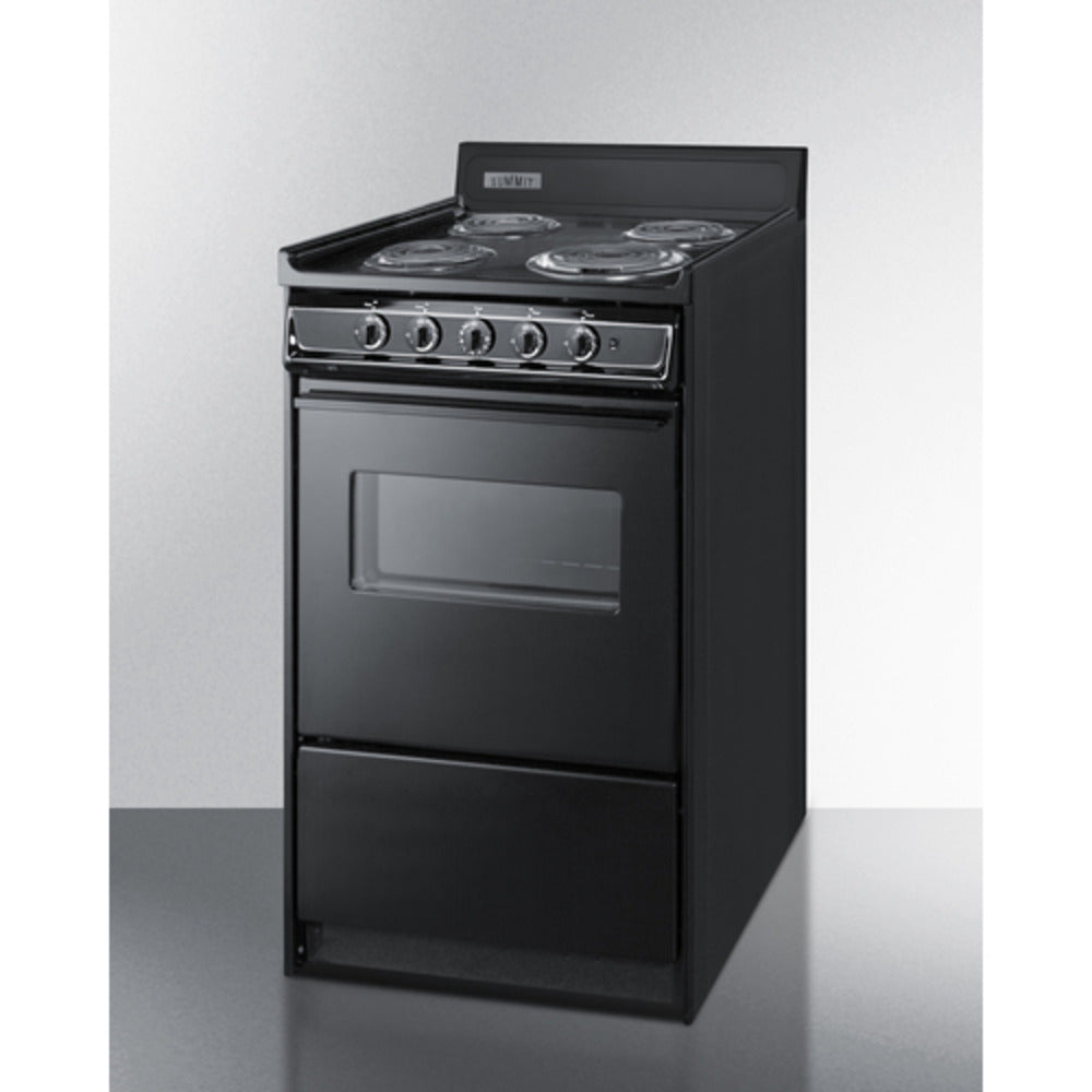 Summit Appliance 20" 220V Black Finish 4-Burner Electric Coil Range with Oven Door Window and 4" Backguard