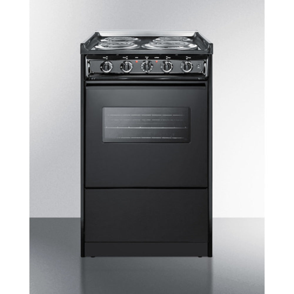 Summit Appliance 20" 220V Black Finish 4-Burner Electric Coil Range with Oven Door Window