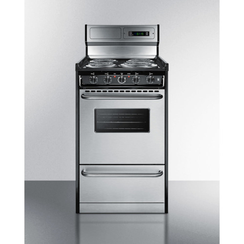 Summit Appliance 20" 220V Stainless Steel/Black Finish 4-Burner Electric Coil Range with 8" Backguard and Clock