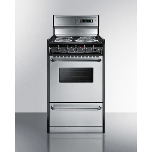 Summit Appliance 20" 220V Stainless Steel/Black Finish 4-Burner Electric Coil Range with 8" Backguard and Clock