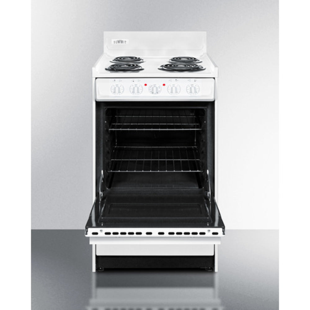 Summit Appliance 20" 220V White Finish 4-Burner Electric Coil Top Range with 4" Backguard