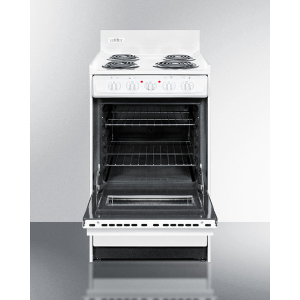 Summit Appliance 20" 220V White Finish 4-Burner Electric Coil Top Range with 4" Backguard and Oven Door Window