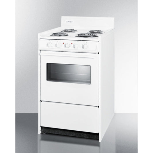 Summit Appliance 20" 220V White Finish 4-Burner Electric Coil Top Range with 4" Backguard and Oven Door Window