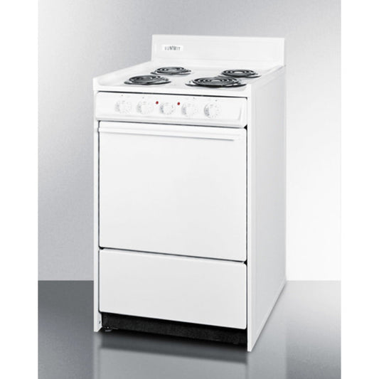 Summit Appliance 20" 220V White Finish 4-Burner Electric Coil Top Range with 4" Backguard