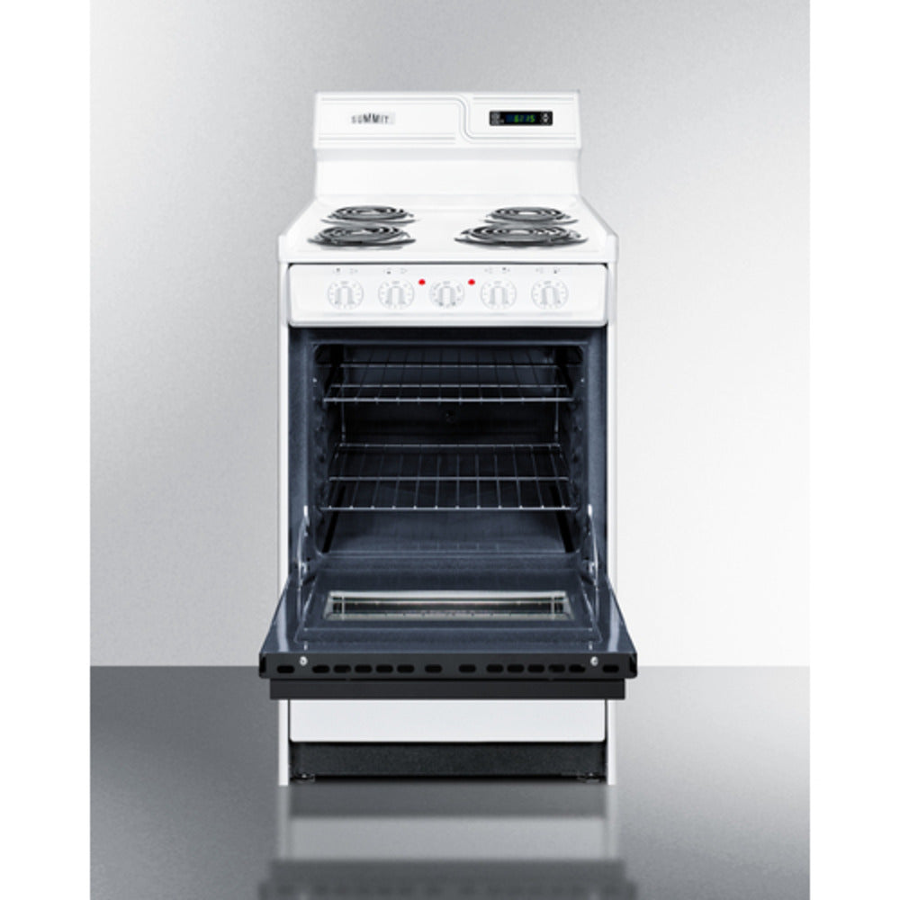 Summit Appliance 20" 220V White Finish 4-Burner Electric Coil Top Range with 8" Backguard and Black Oven Door Window