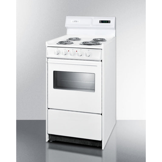 Summit Appliance 20" 220V White Finish 4-Burner Electric Coil Top Range with 8" Backguard and Oven Door Window