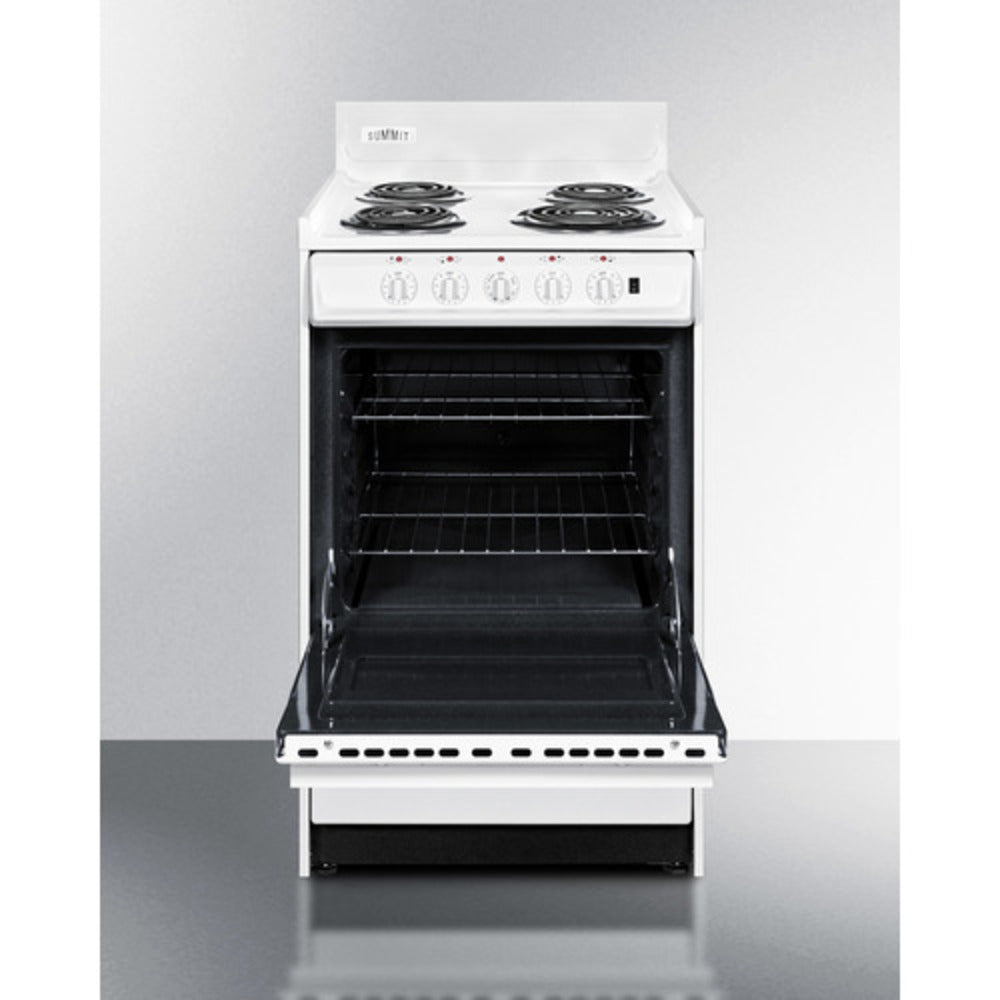 Summit Appliance 20" 220V White Finish 4-Burner Electric Coil Top Range with Backguard