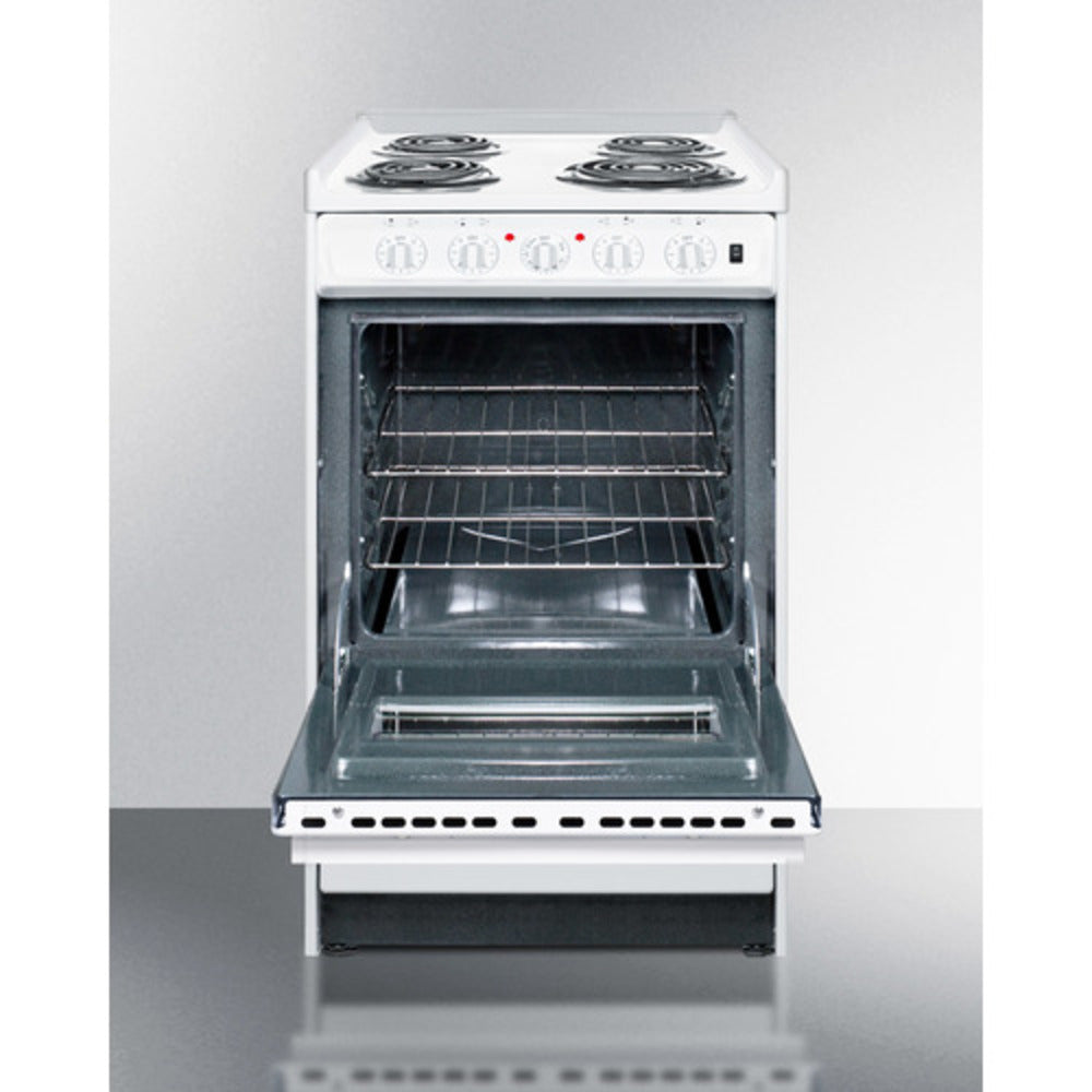 Summit Appliance 20" 220V White Finish 4-Burner Electric Coil Top Range with Oven Door Window