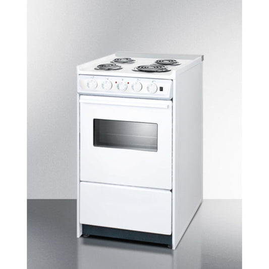 Summit Appliance 20" 220V White Finish 4-Burner Electric Coil Top Range with Oven Door Window