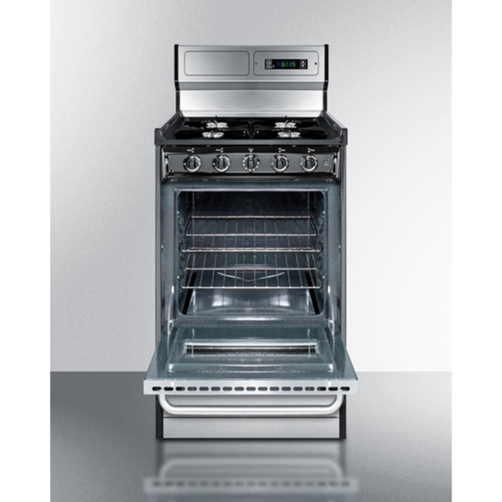 Summit Appliance 20" Stainless Steel/Black Finish 4-Open Burners Gas Range with 8" Backguard