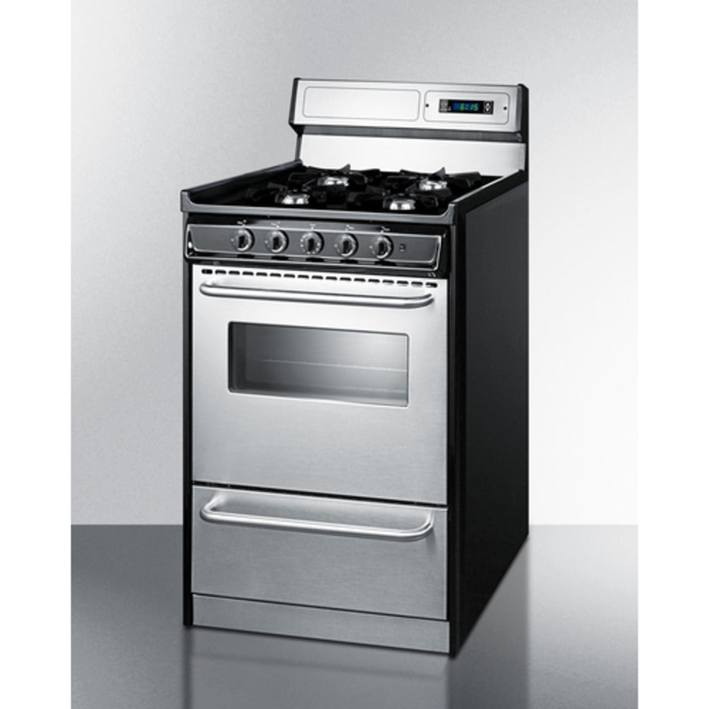 Summit Appliance 20" Stainless Steel/Black Finish 4-Open Burners Gas Range with 8" Backguard