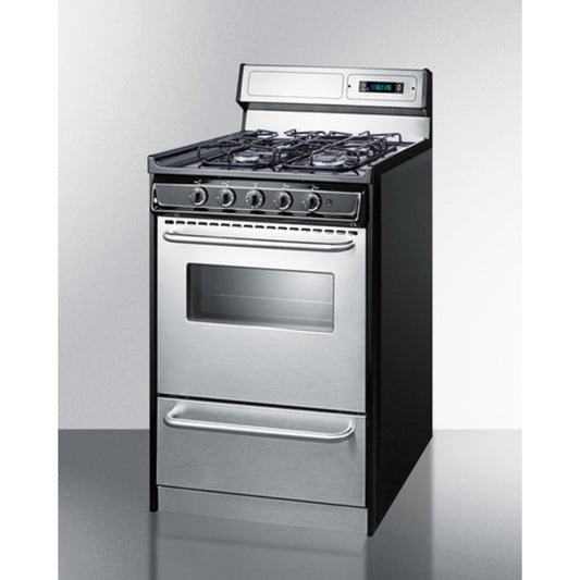 Summit Appliance 20" Stainless Steel/Black Finish 4-Sealed Burner Gas Range with 8" Backguard