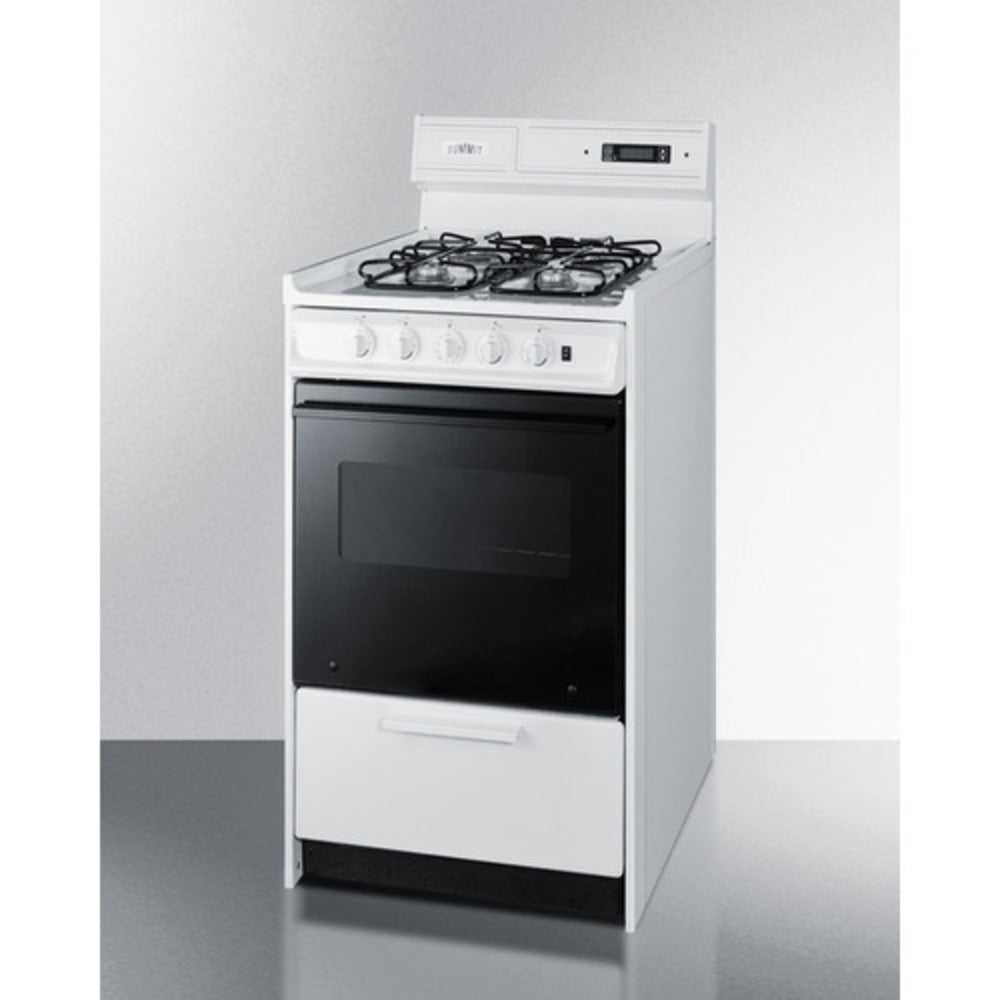 Summit Appliance 20" White Finish Natural Gas Range with 8" Backguard and Black Oven Door Window