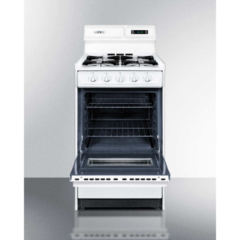 Summit Appliance 20" White Finish Natural Gas Range with 8" Backguard and Oven Door Window