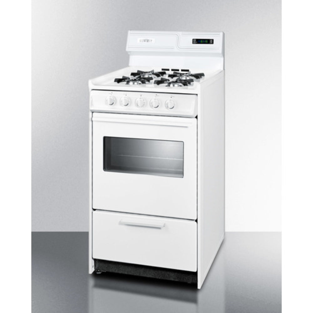 Summit Appliance 20" White Finish Natural Gas Range with 8" Backguard and Oven Door Window