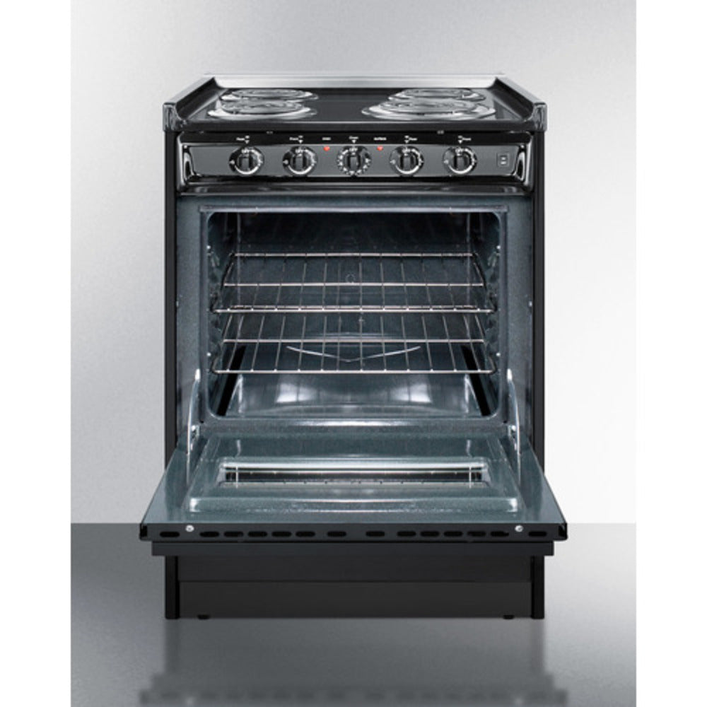 Summit Appliance 24" 220V Black Finish 4-Burner Electric Coil Range