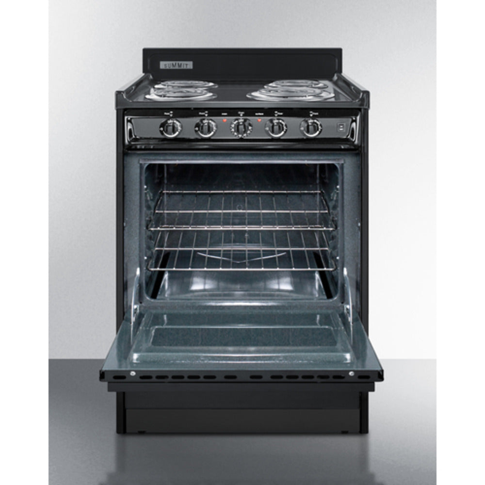 Summit Appliance 24" 220V Black Finish 4-Burner Electric Coil Range with 4" Backguard