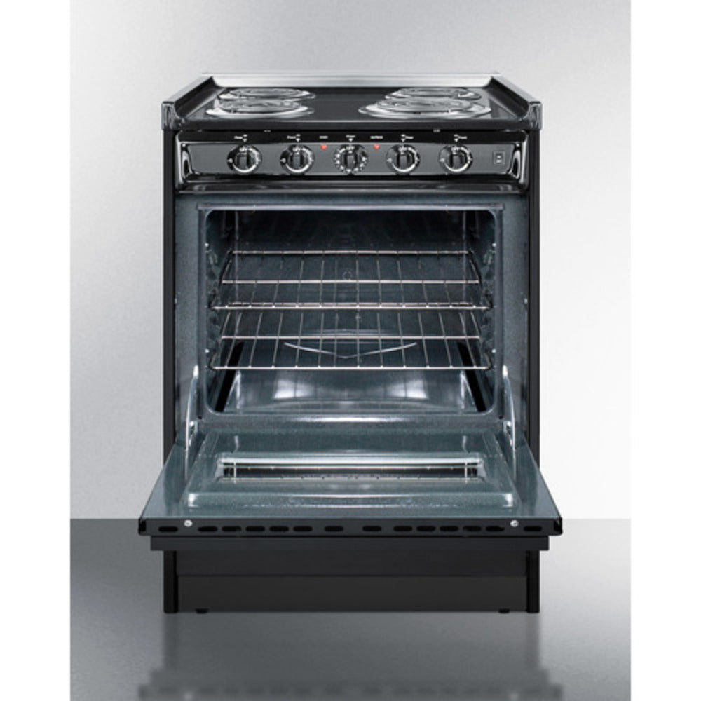 Summit Appliance 24" 220V Black Finish 4-Burner Electric Coil Range with Oven Door Window