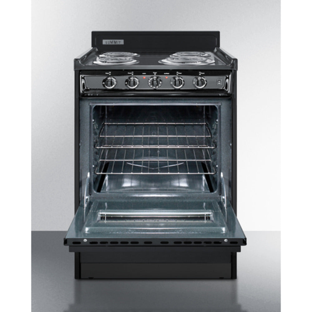 Summit Appliance 24" 220V Black Finish 4-Burner Electric Coil Range with Oven Door Window and 4" Backguard