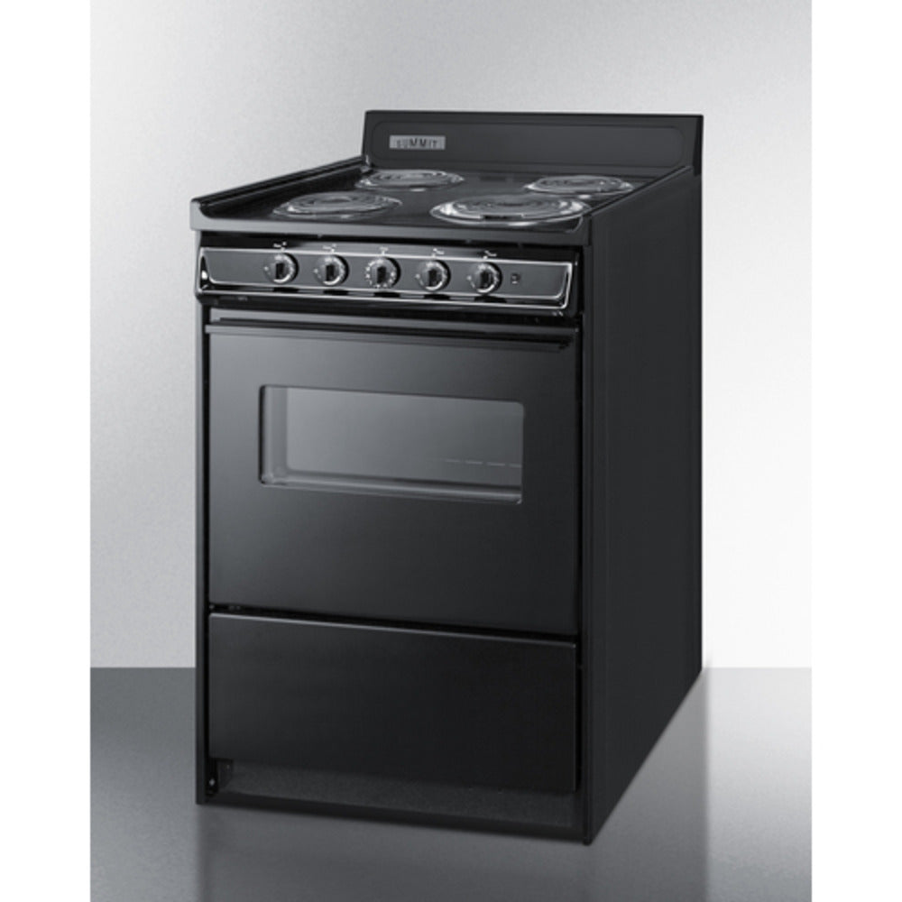 Summit Appliance 24" 220V Black Finish 4-Burner Electric Coil Range with Oven Door Window and 4" Backguard