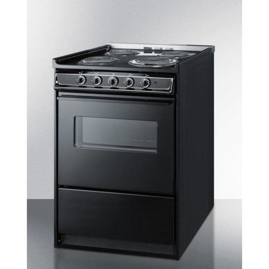 Summit Appliance 24" 220V Black Finish 4-Burner Electric Coil Range with Oven Door Window