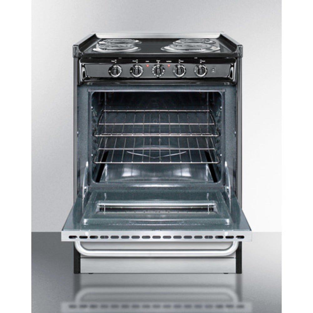 Summit Appliance 24" 220V Stainless Steel/Black Finish 4-Burner Electric Coil Range