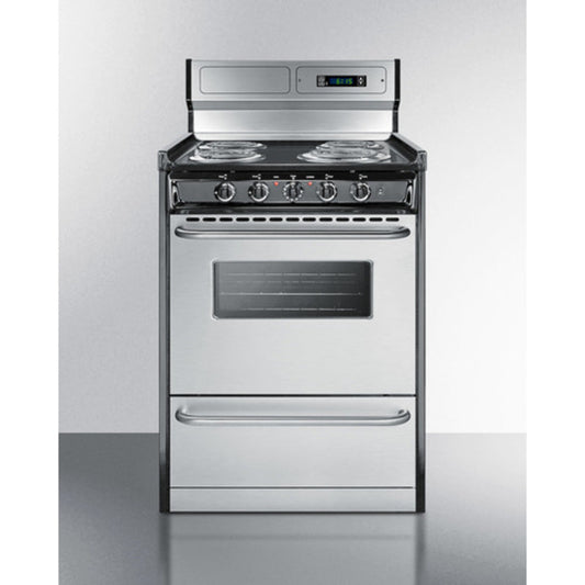 Summit Appliance 24" 220V Stainless Steel/Black Finish 4-Burner Electric Coil Range with 8" Backguard and Clock