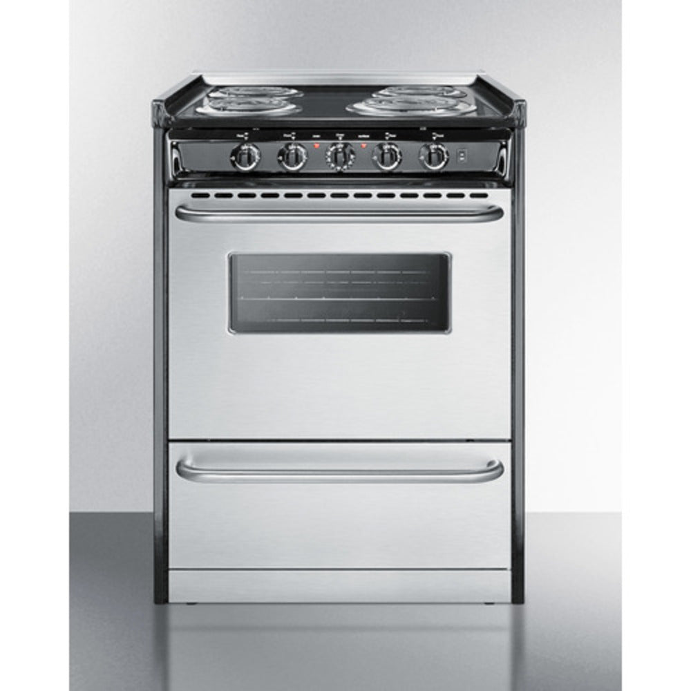 Summit Appliance 24" 220V Stainless Steel/Black Finish 4-Burner Electric Coil Range