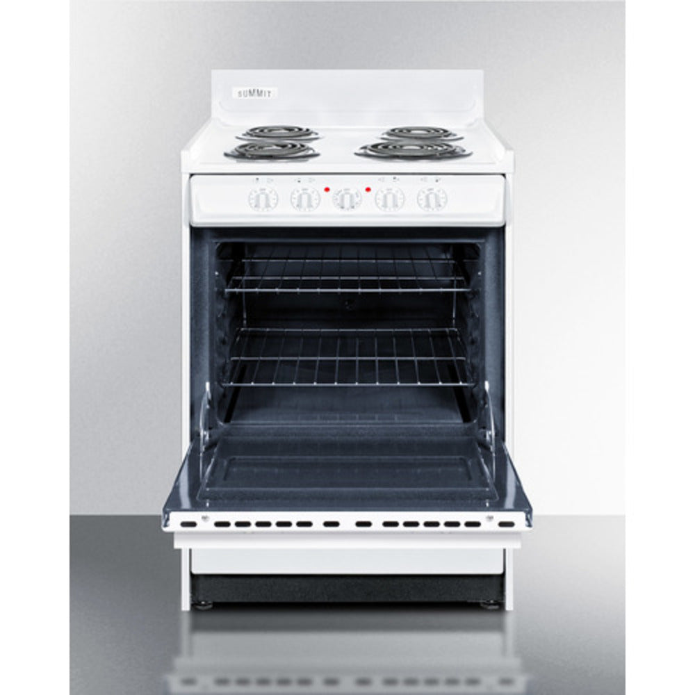 Summit Appliance 24" 220V White Finish 4-Burner Electric Coil Top Range with 4" Backguard