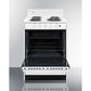 Summit Appliance 24" 220V White Finish 4-Burner Electric Coil Top Range with 4" Backguard and Advanced Safety Features