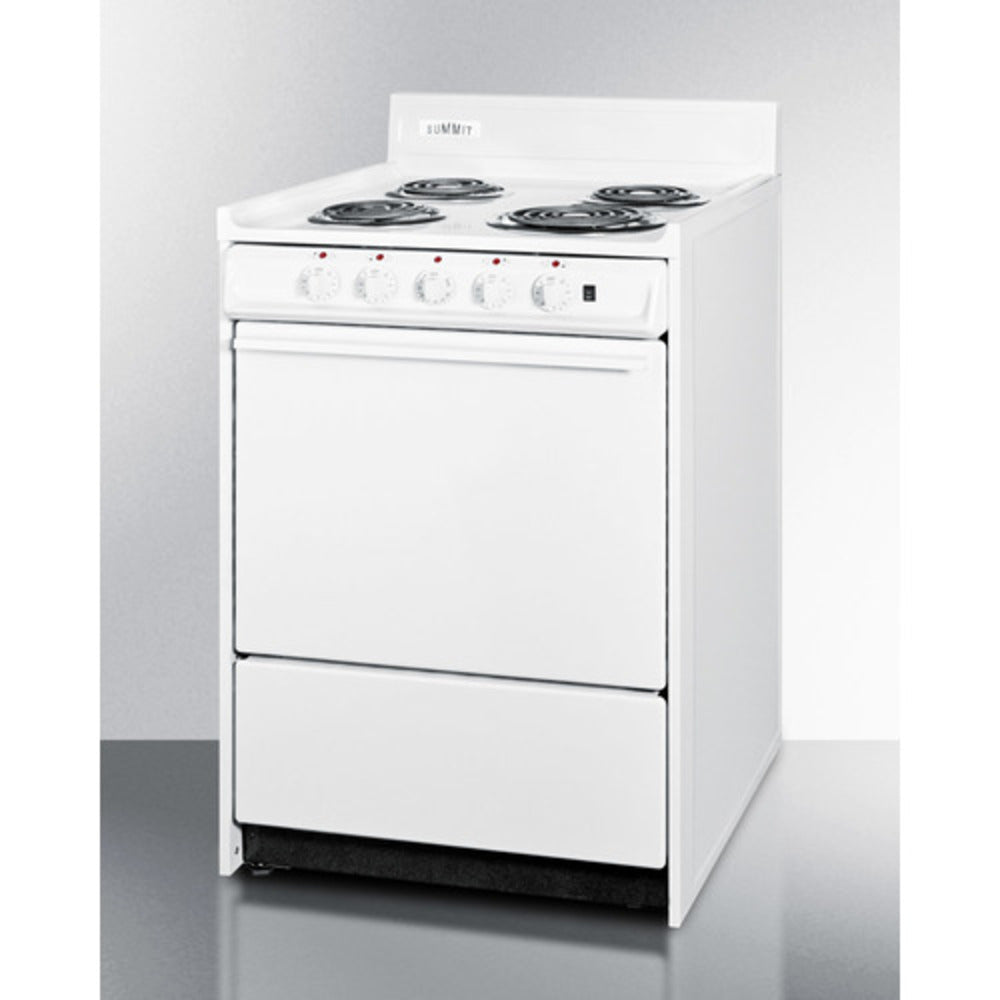 Summit Appliance 24" 220V White Finish 4-Burner Electric Coil Top Range with 4" Backguard and Advanced Safety Features