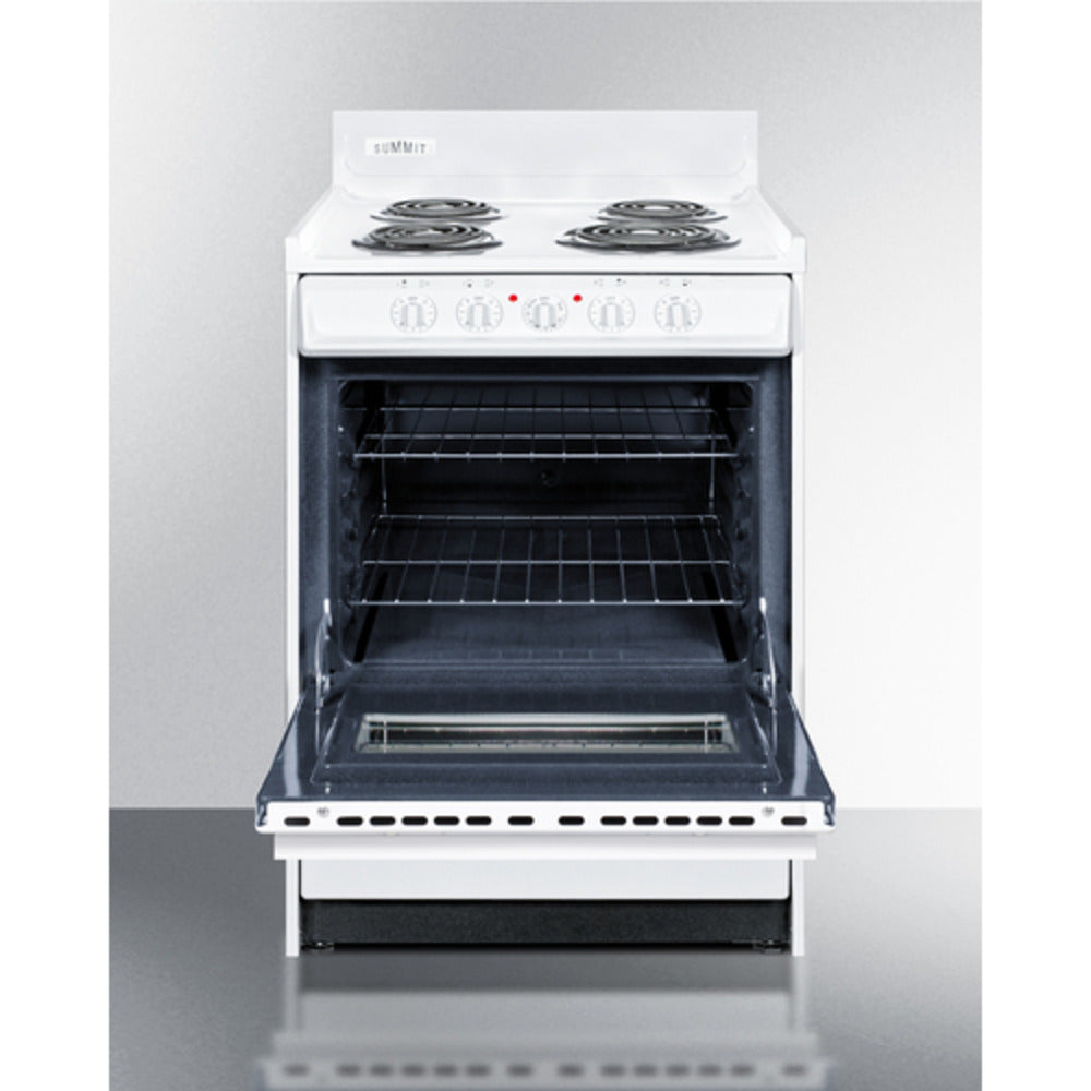 Summit Appliance 24" 220V White Finish 4-Burner Electric Coil Top Range with 4" Backguard and Oven Door Window