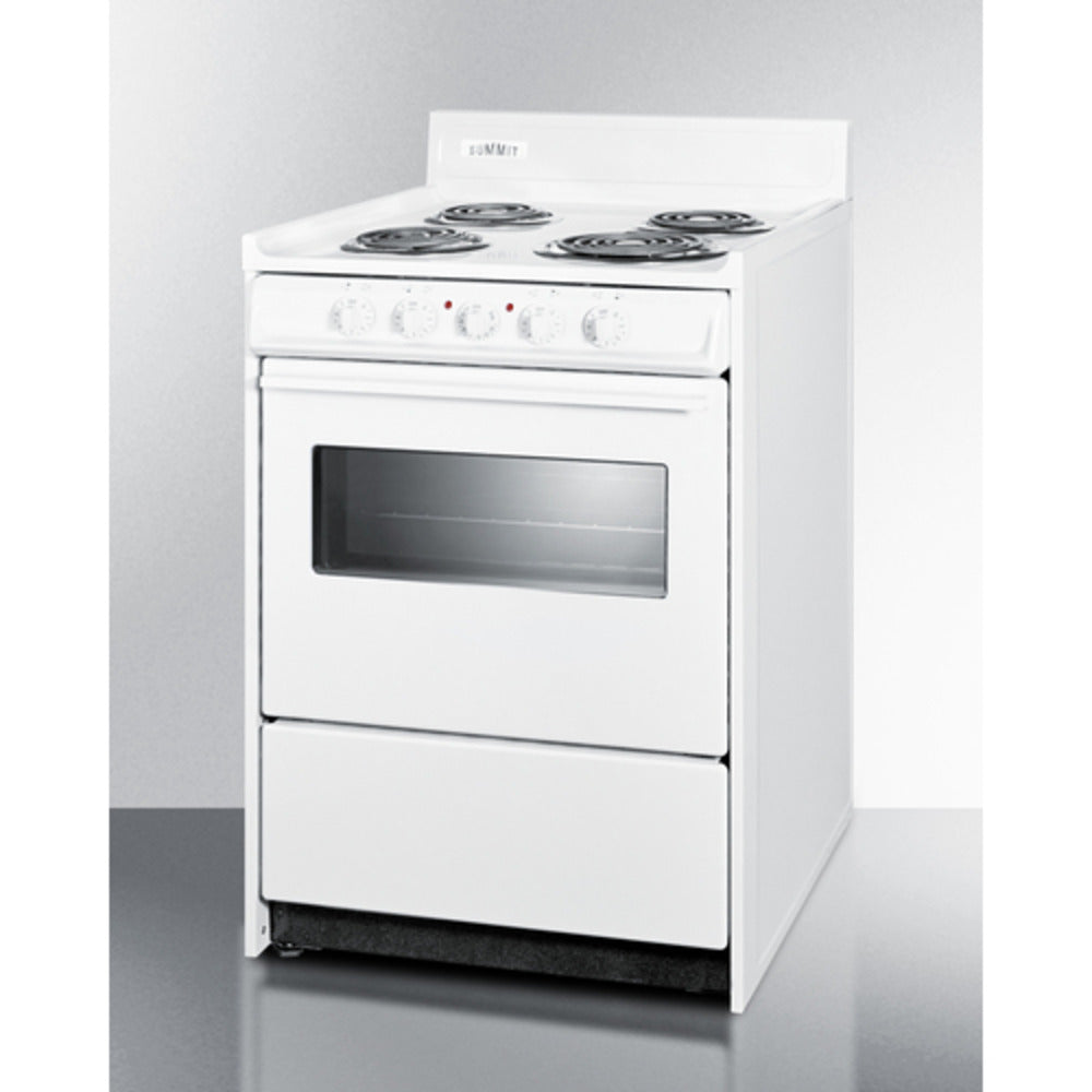 Summit Appliance 24" 220V White Finish 4-Burner Electric Coil Top Range with 4" Backguard and Oven Door Window