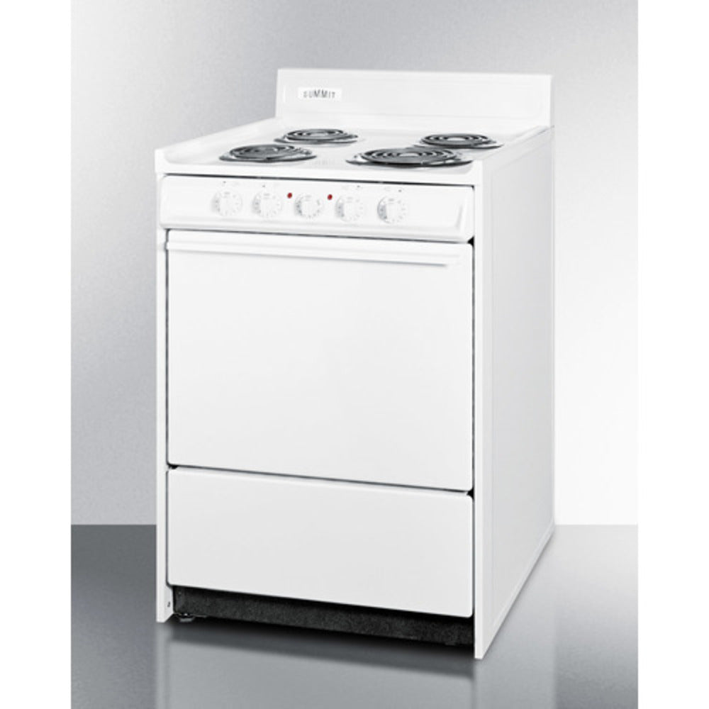 Summit Appliance 24" 220V White Finish 4-Burner Electric Coil Top Range with 4" Backguard