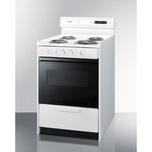 Summit Appliance 24" 220V White Finish 4-Burner Electric Coil Top Range with 8" Backguard and Black Oven Door Window