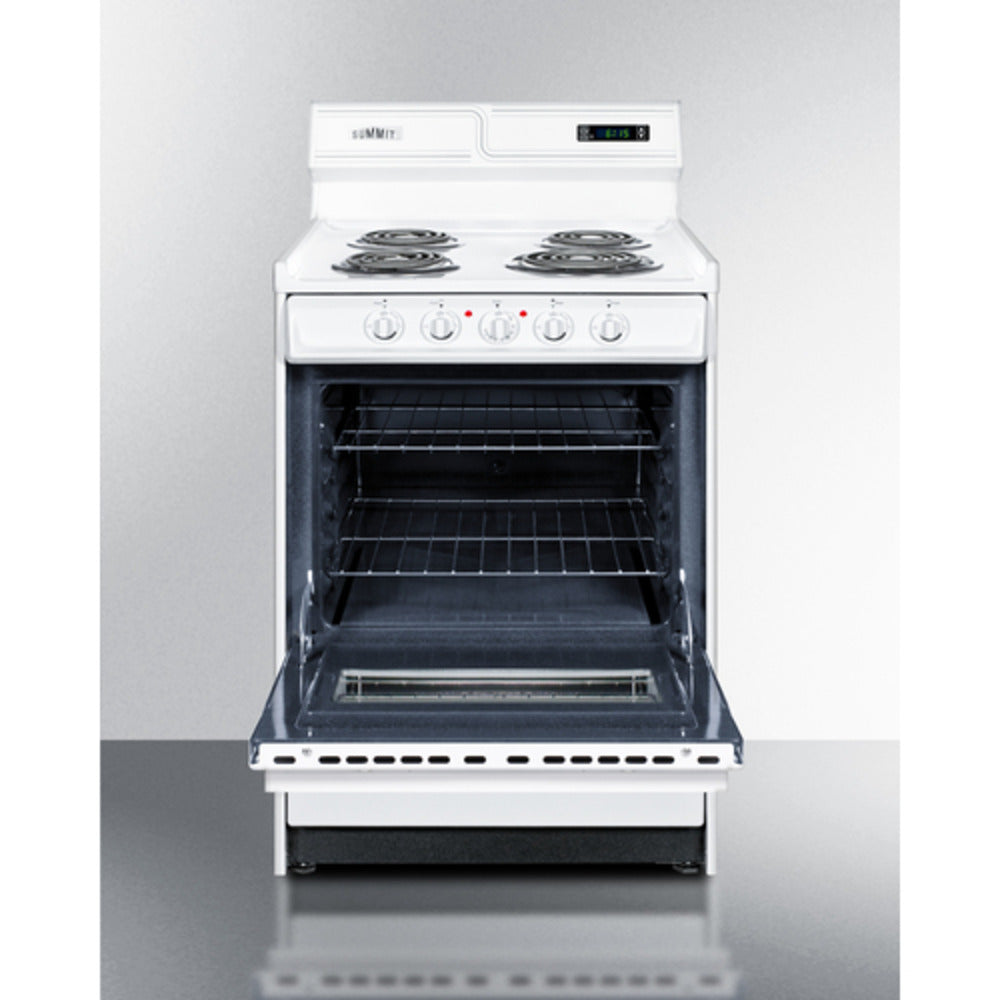 Summit Appliance 24" 220V White Finish 4-Burner Electric Coil Top Range with 8" Backguard and Oven Door Window