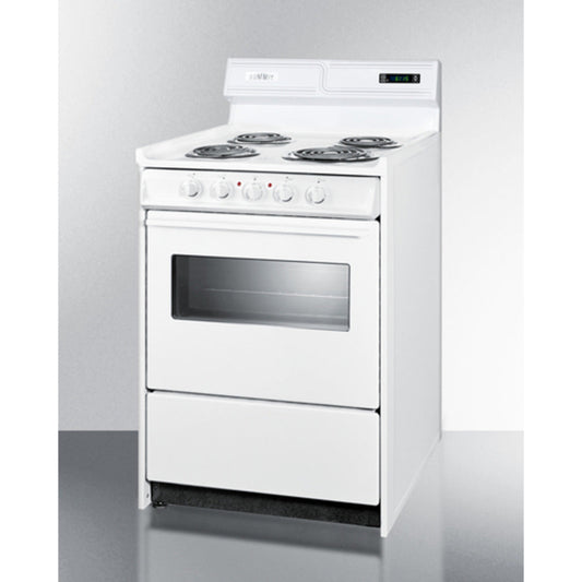 Summit Appliance 24" 220V White Finish 4-Burner Electric Coil Top Range with 8" Backguard and Oven Door Window