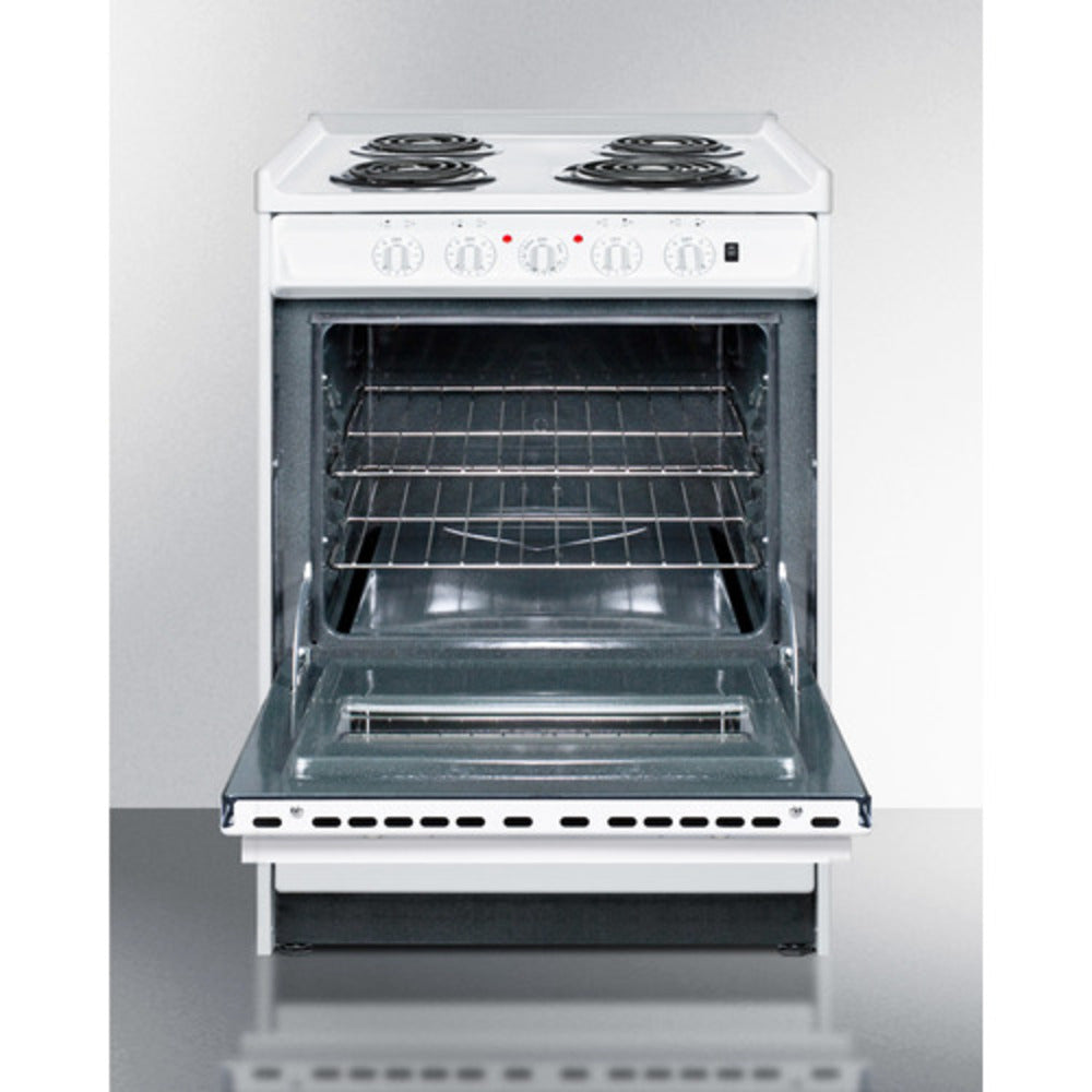 Summit Appliance 24" 220V White Finish 4-Burner Electric Coil Top Range with Oven Door Window