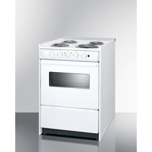 Summit Appliance 24" 220V White Finish 4-Burner Electric Coil Top Range with Oven Door Window