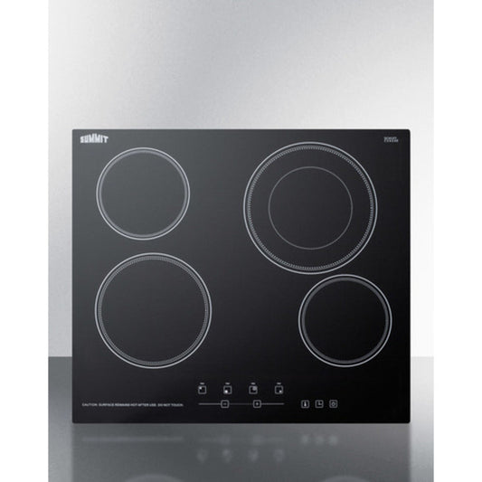 Summit Appliance 24" 230V Black Glass Finish 4-Burner Radiant Cooktop with Digital Touch Control