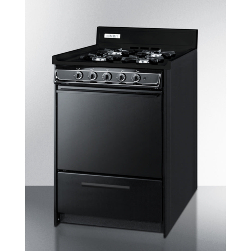 Summit Appliance 24" Black Finish 4-Open Burners Gas Range with Backguard