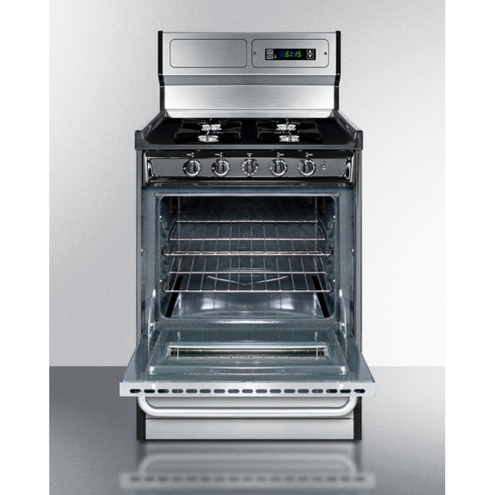 Summit Appliance 24" Stainless Steel/Black Finish 4-Open Burners Gas Range with 8" Backguard