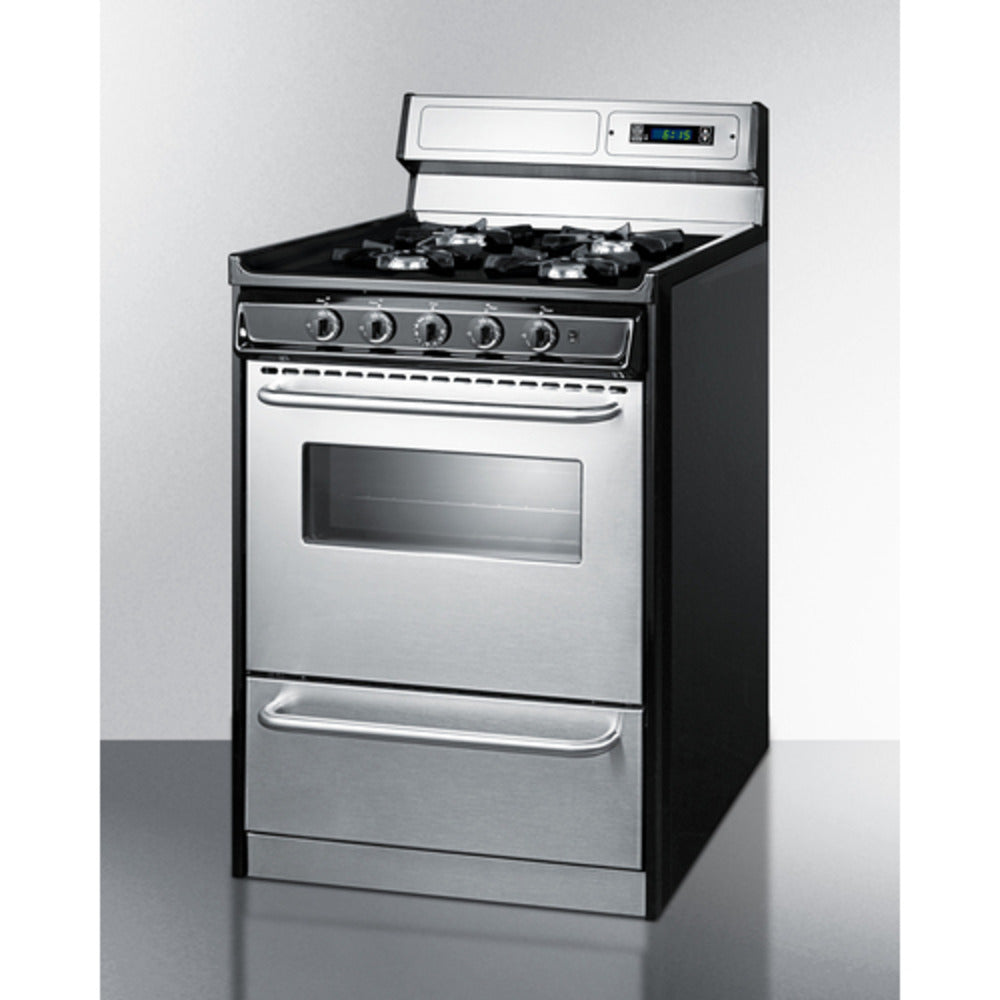 Summit Appliance 24" Stainless Steel/Black Finish 4-Open Burners Gas Range with 8" Backguard